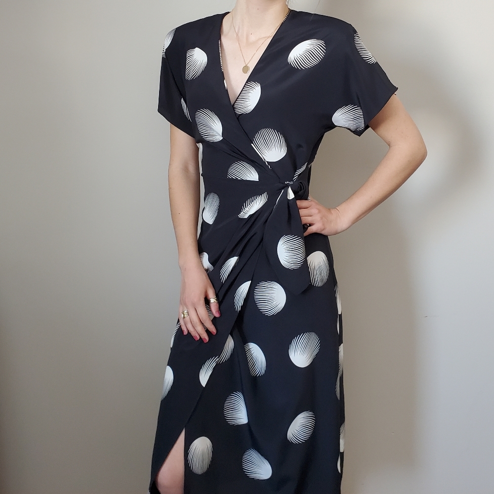Vintage Black Midi Wrap Dress with White Graphic Dots